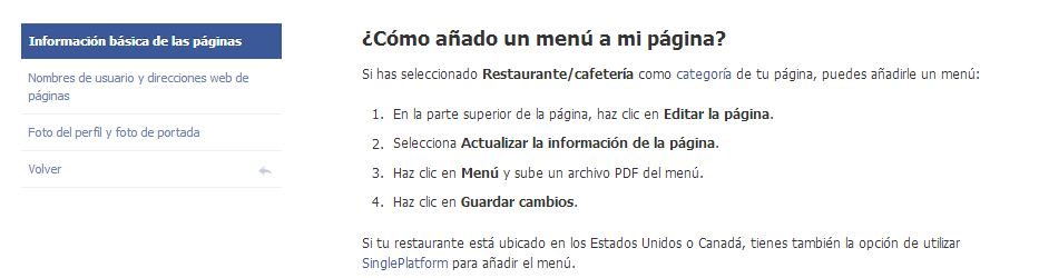 como añadir un menú a pagina Facebook