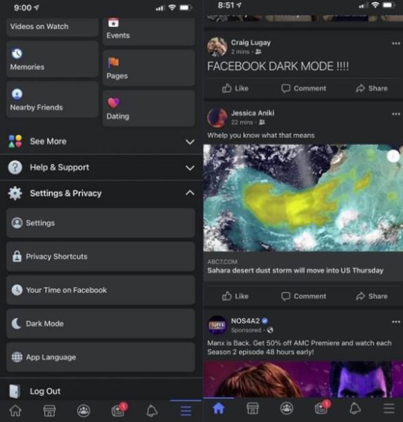 Modo oscuro de Facebook en iOS